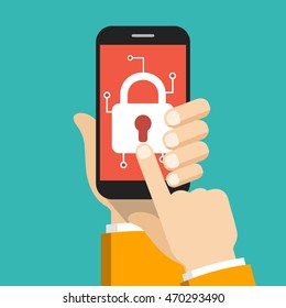 Hand holding smartphone with mobile security on screen. Vector flat illustration.