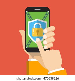 Hand holding smartphone with mobile security on screen. Vector flat illustration.