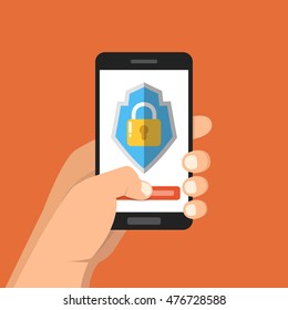 Hand holding smartphone with mobile security on screen. Vector flat illustration.