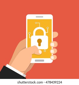 Hand holding smartphone with mobile security on screen. Vector flat illustration.