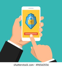 Hand holding smartphone with mobile security on screen. Vector flat illustration.