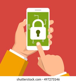 Hand holding smartphone with mobile security on screen. Vector flat illustration.