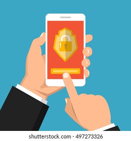 Hand holding smartphone with mobile security on screen. Vector flat illustration.