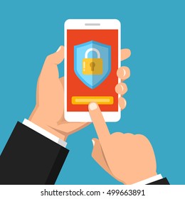 Hand holding smartphone with mobile security on screen. Vector flat illustration.