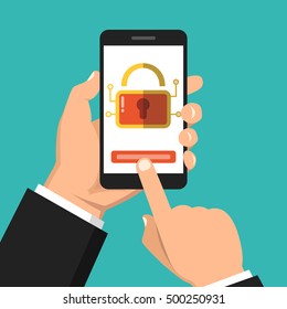 Hand holding smartphone with mobile security on screen. Vector flat illustration.