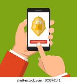Hand holding smartphone with mobile security on screen. Vector flat illustration.