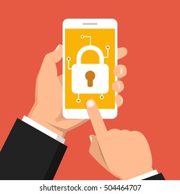 Hand holding smartphone with mobile security on screen. Vector flat illustration.