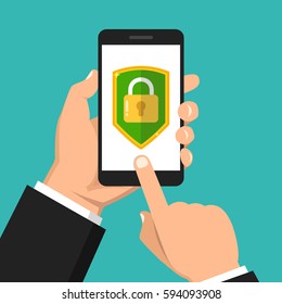 Hand holding smartphone with mobile security on screen. Vector flat illustration.