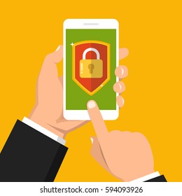 Hand holding smartphone with mobile security on screen. Vector flat illustration.