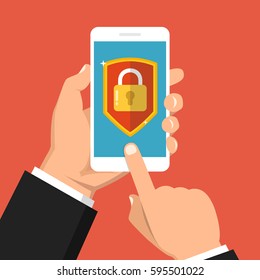 Hand holding smartphone with mobile security on screen. Vector flat illustration.