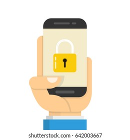 Hand holding smartphone with mobile security on screen. Flat cartoon style. Vector illustration.