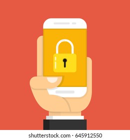 Hand holding smartphone with mobile security on screen. Flat cartoon style. Vector illustration.