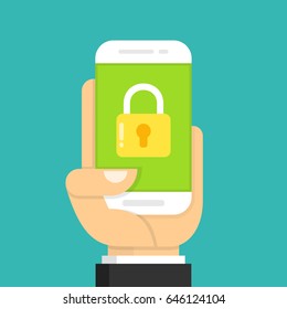 Hand holding smartphone with mobile security on screen. Flat cartoon style. Vector illustration.