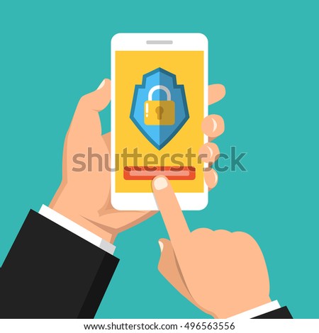 Hand holding smartphone with mobile security on screen. Vector flat illustration.