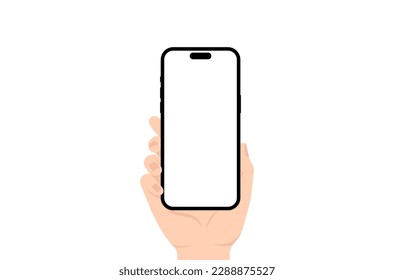 Hand holding smartphone mockup blank screen vector design isolated on white background fit for advertising, display mobile phone app