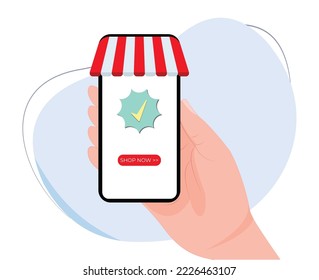hand holding smartphone mockup for trusted online store sales promotion. flat design vector illustration