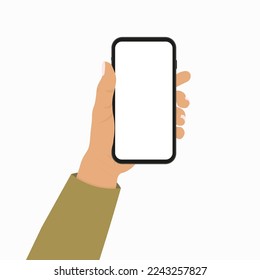 Mano sosteniendo un vector de parodia de smartphone con pantalla en blanco, paro de teléfono móvil, ilustración vectorial. 