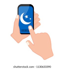 Hand holding a smartphone with a moon shape icon