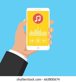 Hand holding smartphone with music player app on the screen. Flat cartoon style. Vector illustration.
