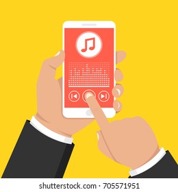 Hand holding smartphone with music player app on the screen. Flat cartoon style. Vector illustration.