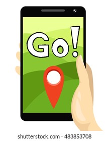 Hand holding smartphone Navigation concept. Flat design. Vector illustration.