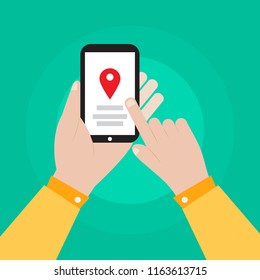 hand holding smartphone with navigation icon vector illustration