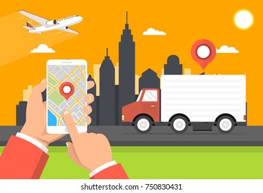 Hand holding smartphone with navigation map on the screen. Concept of the shipping service. City skyscrapers and airplane on the background. Vector illustration.