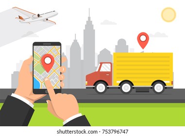 Hand holding smartphone with navigation map on the screen. Concept of the shipping service. City skyscrapers and airplane on the background. Vector illustration.