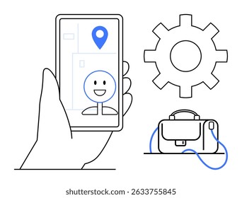 Hand holding smartphone with navigation pin and happy face on screen, next to a cogwheel and business briefcase. Ideal for technology, navigation, business, communication, remote work, app design