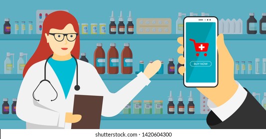 Hand Holding Smartphone Near Pharmacist Doctor Woman In Glasses. Online Pharmacy Mobile App Concept. Pay Button On Screen For Medicine Online Payment Via Application. Vector Illustration Flat