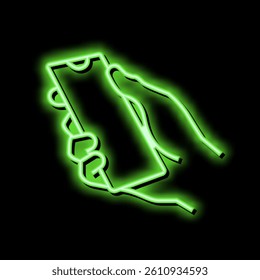 hand holding smartphone neon light sign vector. hand holding smartphone illustration