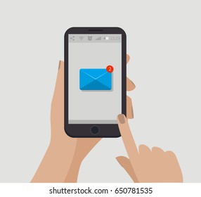 Hand holding smartphone. New email concept. Vector illustration. Counter notification. New message. Unread message. Letter icon.