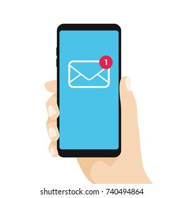 Hand holding smartphone. New email concept. Vector