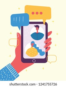 Mano sosteniendo el smartphone con un nuevo mensaje en pantalla. Chat, tweet, mensajería instantánea, sms, conceptos de mensajería móvil para sitios web, banners web, materiales impresos. Ilustración vectorial moderna de diseño plano
