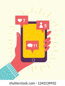 Hand holding smartphone with new message on screen. Chat, tweet, instant messaging, sms, mobile concepts for web sites, web banners, printed materials. Modern flat design vector illustration