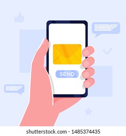 Hand holding smartphone with new message notification on screen. Mobile phone alert about new email. Send message, news, image, like. Sharing multimedia, Vector cartoon design isolated