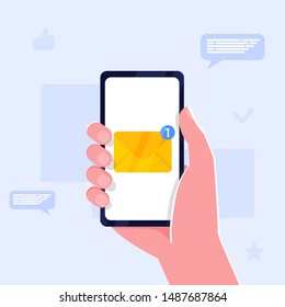 Hand holding smartphone with new message notification on screen. Mobile phone alert about new email. Send message, news, image, like. Sharing multimedia, Vector cartoon design isolated