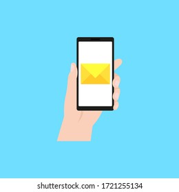 Mano con smartphone con nueva notificación de mensajes en pantalla. Ilustración vectorial. Diseño plano. Aislado.