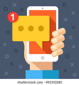 Hand holding smartphone with new message on screen. Chat, tweet, instant messaging, sms, mobile messenger concepts for web sites, web banners, printed materials. Modern flat design vector illustration