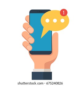 Hand holding smartphone with new message on a screen. Chat, mobile messenger concepts. Vector illustration in flat style isolated on white background