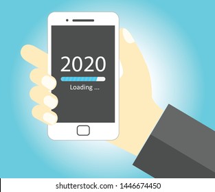 Hand holding smartphone with New Year 2020 loading progress bar - EPS Vector
