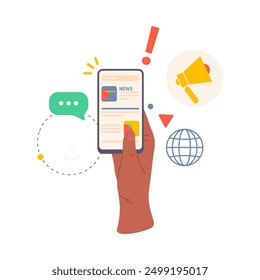 Hand holding smartphone with news feed, flat cartoon vector illustration. Isolated display of phone showing posts and information about word, global network and updates for users in web