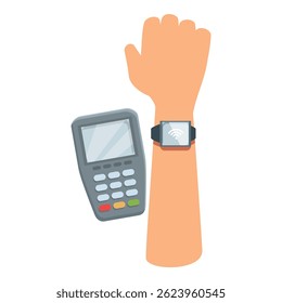Hand holding a smartphone with nfc technology making a contactless payment on pos terminal