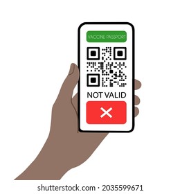 Hand holding smartphone with not valid covid passport qr code, isolated on white background vector illustration