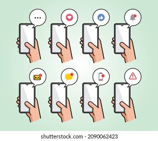 hand holding smartphone with  notification compilation pack flat style text, love, like, alert, email, bell, low battery