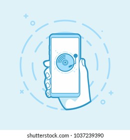 Hand holding smartphone with old record player icon. Vector illustration Outline object.