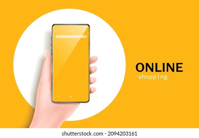 hand holding a smartphone and on the back there is a white circle and all object isolated on yellow background for online shopping concept design,vector 3d for advertising design