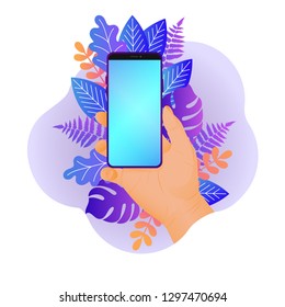 A hand is holding a smartphone on floral background. Vector illustration in trendy style and bright vibrant gradient colors