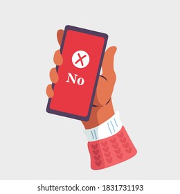Hand holding a smartphone on isolated background. Notification of non-acceptance message on mobile phone. Vector illustration. Flat cartoon design for web banners, websites, and infographics.