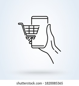 Mano sosteniendo el smartphone en el icono o logotipo de la línea de signos de la pantalla. tienda en línea para concepto de teléfono móvil.  Carro de compras con ilustración lineal vectorial de teléfono móvil.